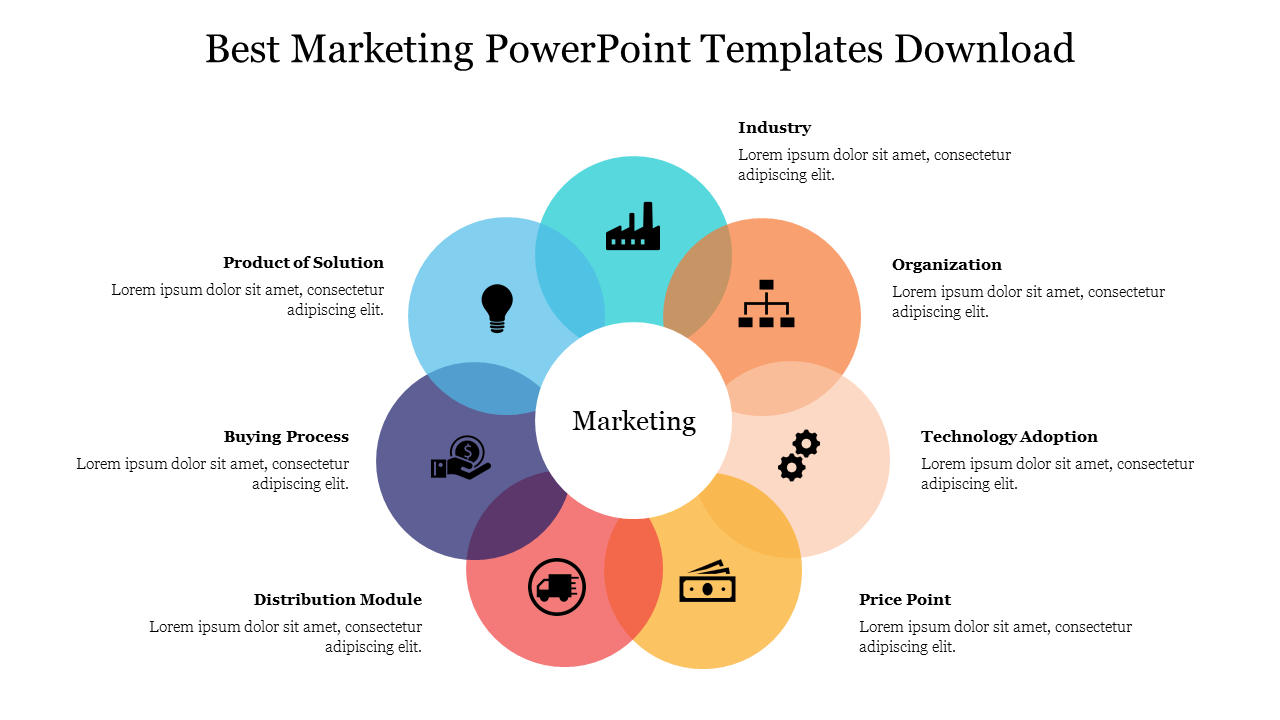 Radial chart featuring eight circles with icons, each representing an element of marketing strategy surrounding a  white hub.