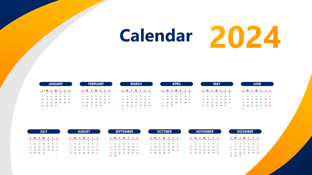 2024 calendar layout with all twelve months in two rows beneath bold header text, on a blue and orange curve background.