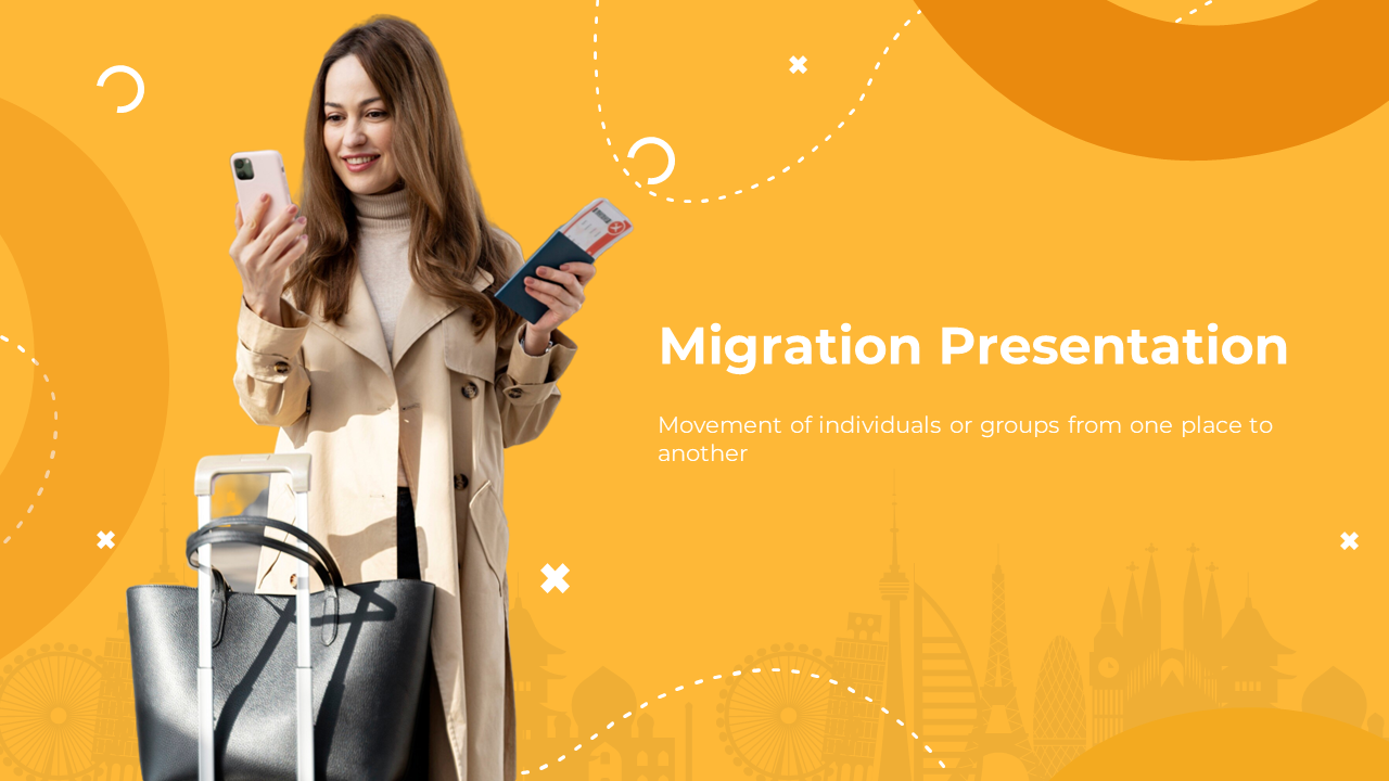 Slide shows a woman in beige coat holding phone and passport beside black bag on orange backdrop with white dotted shapes.