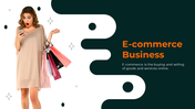 E commerce Business PPT showcasing slides on online presence, global reach, customer engagement, and social media marketing.