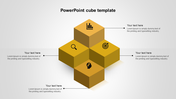 PowerPoint slide with a 3D cube design, including placeholders for text and icons related to research and business goals.