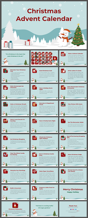 Advent calendar slide pack with Christmas themed activities, snowman, presents, and holiday icons on a winter scene.