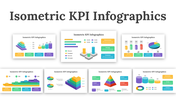 A collection of isometric KPI infographic slides showcasing bar graphs, pie charts, and performance metrics with icons.