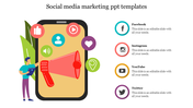 Illustration of a person with a tablet beside a large smartphone displaying social media icons and placeholder text captions.