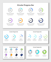 Slide deck with multiple circular progress bars in various colors, showing percentages and captions below.