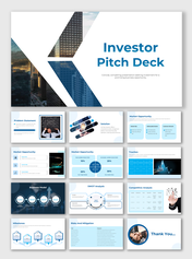 Blue themed slide deck for an investor pitch, including charts, graphs, and strategy visuals across multiple sections.