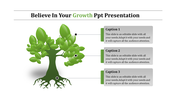 Green tree infographic with three labeled captions on the right side, representing growth concepts.