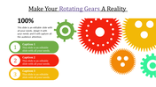 Colorful rotating gears illustration with three captions on a PowerPoint slide.