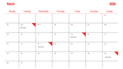 PowerPoint slide with a calendar for March 2020, featuring red dates with text placeholders.