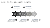 Timeline with five gray arrow steps, each marked with an icon, connected horizontally, and numbered text fields.