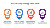 Four colored markers in orange, blue, red, and purple, with icons inside, representing steps in a market entry strategy.