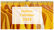 2024 fashion calendar slides featuring stylish clothing images for each month, with a vibrant yellow theme and month labels.