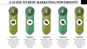 Marketing slide featuring five vertical bars, each with an icon symbolizing tools like discount, advertisement, and sale.