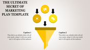 Marketing plan PPT template with a yellow funnel design and icons representing communication, networking, and strategy.