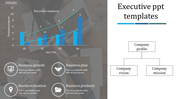 Executive slide with a bar and line chart for business progress, and icons for growth, planning, location, and products.