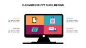 E commerce slide featuring a computer screen with colorful icons and placeholder text for each.