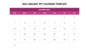PowerPoint calendar template for January 2021 featuring a purple header and organized date grid.