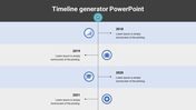 PowerPoint timeline generator with years 2018 to 2021 and corresponding blue icons for each year with placeholder text.