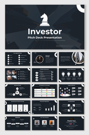 Dark themed investor slide deck showcasing business model, target audience, financial data, and team introduction.
