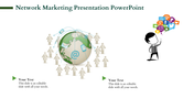 Network marketing concept showing a globe, linked communication icons, and people figures representing global connections.