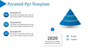 Pyramid PowerPoint template with three stages and a blue color pyramid graphic with placeholder text.
