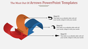 Creative arrows infographic slide with three curved arrows representing steps 1 to 3, paired with captions.