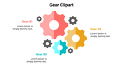 Illustration of three gears in different colors with placeholder text below each gear on a white backdrop.