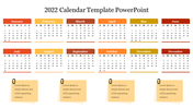 Structured 2022 calendar with bold headers for each month in various colors, and four yellow sticky notes clipped below.