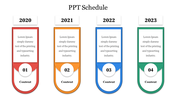 A colorful PPT schedule template with a year wise layout for 2020 to 2023 with placeholder text on a white backdrop.