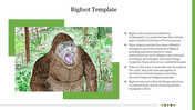 Illustrated slide featuring an image of Bigfoot, a large, hairy ape like creature in a forest, with accompanying text.