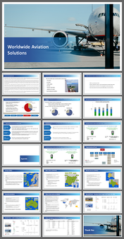 Worldwide aviation solutions slide deck featuring an airplane image and detailed images.