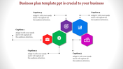 Hexagonal infographic with five colorful icons connected by dotted lines representing business elements.