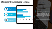 Dashboard slide with three blue icons and captions paired with a bar chart on a tablet screen, and a desk setup on the right.