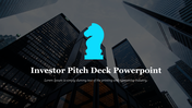 Pitch deck cover slide displaying a blue chess knight icon, towering glass buildings, and white title text at the center.