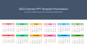 A 2022 calendar PPT template with 12 months listed in colorful blocks and grid layout.
