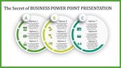 Business PowerPoint slide with options A, B, and C, each containing informative points and icons.