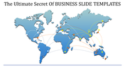 Global business slide with a world map showing interconnected points across various continents.