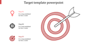 Dartboard graphic with concentric circles in red, featuring three steps with numbered labels and corresponding icons.