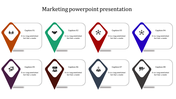 Marketing slide with eight colored pointers in orange, green, red, blue, purple, brown, gray, and black, each with captions.