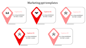 Slide with five red pointers, each containing icons and captions, aligned horizontally on a white background.