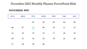November 2022 calendar with blue and purple accents, highlighting a date with a turquoise color.