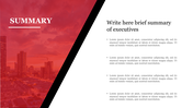 Red tinted cityscape on the left, with a black diagonal divider separating text area for an executive summary.